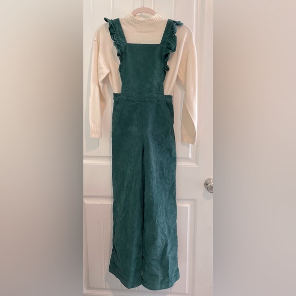 Hanna Anderson Pine Green Girl’s Cross Ruffle Corduroy RomperJumpsuit Sz 12 NWOT - Picture 3 of 6